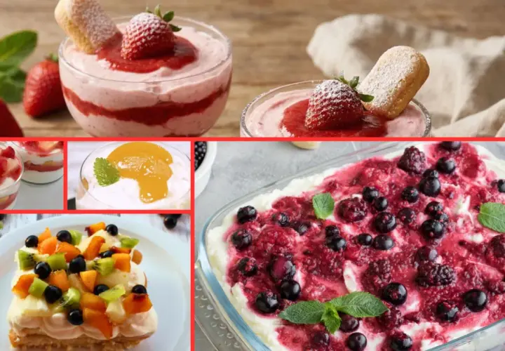 Collage di dolci leggeri per fine pasto: mousse di fragole, tiramisù alla frutta, torta con frutti di bosco e crema.