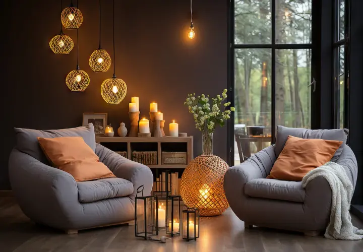 Dos sillones grises invitan al descanso junto a una chimenea de leña, creando una lámpara ambiente acogedora. Velas y luces cálidas iluminan la escena.