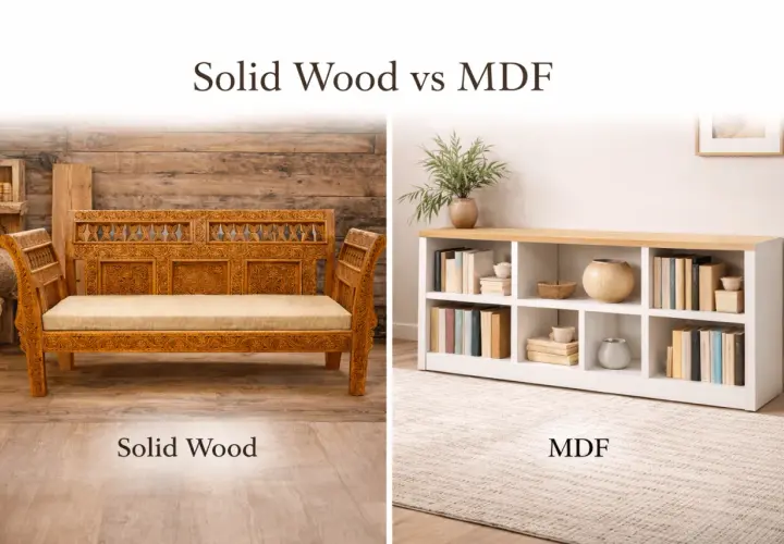 A carved solid wood bench sits on the left, contrasting with a modern white MDF shelving unit filled with books on the right.