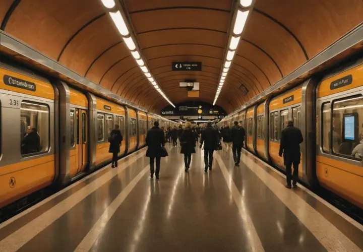 Voyagez dans le metro de Rome, avec ses trains jaunes et son architecture unique. Une scène animée de voyageurs.