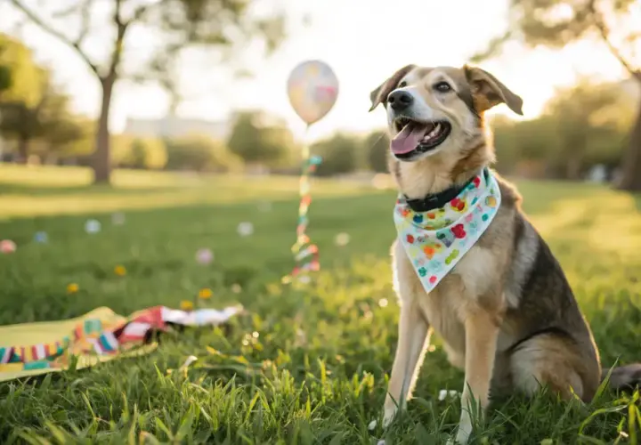 Perro feliz con pañuelo colorido celebra el día mundial del perro en un parque soleado, con un globo y confeti.
