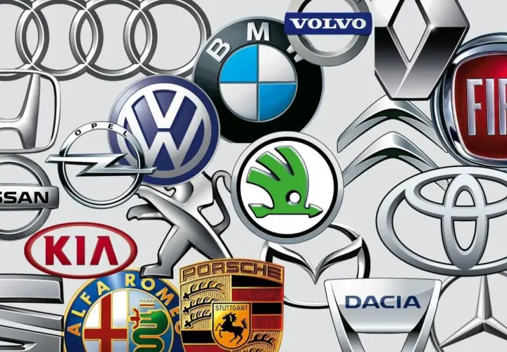 Kolaż logo znanych marek samochodów: Audi, BMW, Volvo, Renault, Fiat, Citroen, Toyota, Dacia, Mazda, Peugeot, Skoda, Volkswagen, Opel, Honda, Nissan, Kia, Alfa Romeo, Porsche.