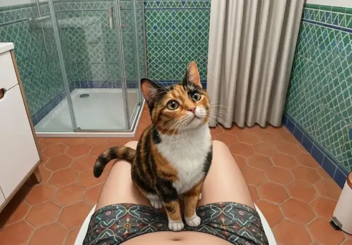 A calico cat sits on my lap while I poop, looking up with curious eyes. The bathroom features green tiled walls and a shower.