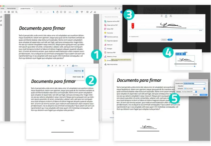 Proceso de firma digital en Adobe Acrobat Reader: se muestra cómo añadir firma y guardarla.