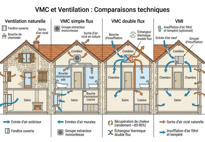 Schéma comparant 4 systèmes d'aération maison : naturelle, VMC simple flux, double flux et VMI.