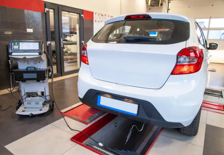 Controllo emissioni per la revisione auto scaduta. Un'auto bianca è collegata a un analizzatore di gas di scarico in un'officina.