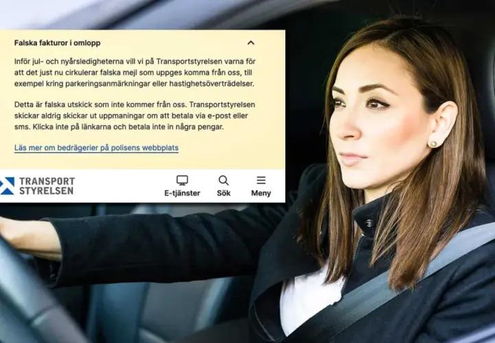 Kvinna i bil ser orolig ut när Transportstyrelsen varnar för falsk parkeringsbot via mejl. Betala aldrig via e-post eller sms.