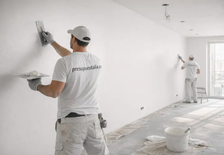 Pintores aplican yeso a una pared. Se preguntan cuánto tarda en secar la perlita para continuar el trabajo.