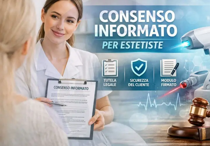 Estetista presenta un atto medico di consenso informato a una cliente. Sicurezza, tutela legale e modulo firmato.