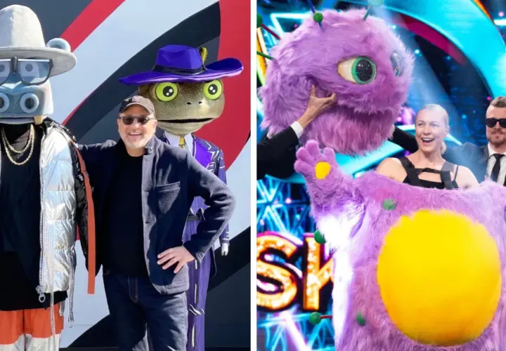 Masked Singer-deltagare i roliga dräkter, en man i hatt och en groda i kostym. På andra sidan en lila monsterdräkt med glada ansikten.
