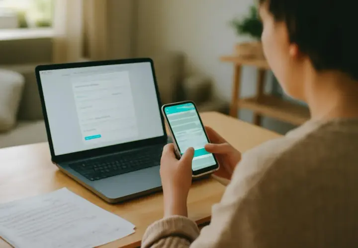 Personne utilisant un téléphone et un ordinateur portable pour gérer une réclamation Vinted.