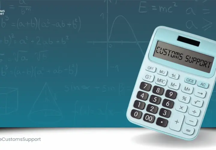 Kalkulator z napisem "CUSTOMS SUPPORT" na tle wzorów matematycznych. Pomoc w obliczeniach związanych z zakupami w UK po Brexicie.