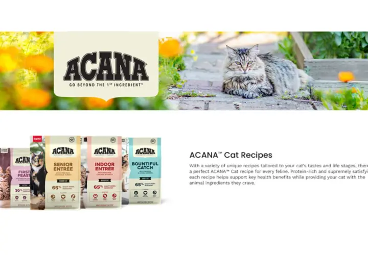 ACANA highest protein indoor dry cat food is featured alongside a fluffy cat lounging outdoors. Several ACANA cat food bags are displayed, including "Indoor Entrée.