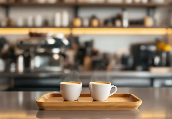 Dwie białe filiżanki parującego espresso na drewnianej tacy. Idealne proporcje dla miłośników kawy.