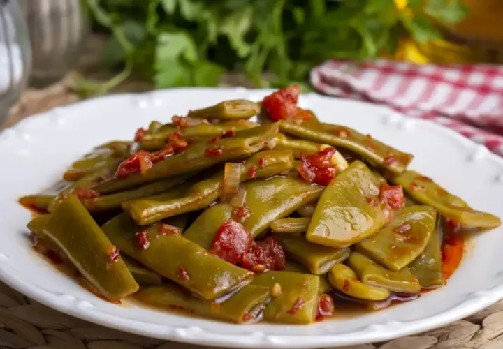 Judías verdes tiernas salteadas con tomate y un toque de jamón, un plato casero lleno de sabor.