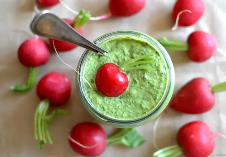 Słoik z zielonym pesto, ozdobiony rzodkiewką i otoczony innymi rzodkiewkami.