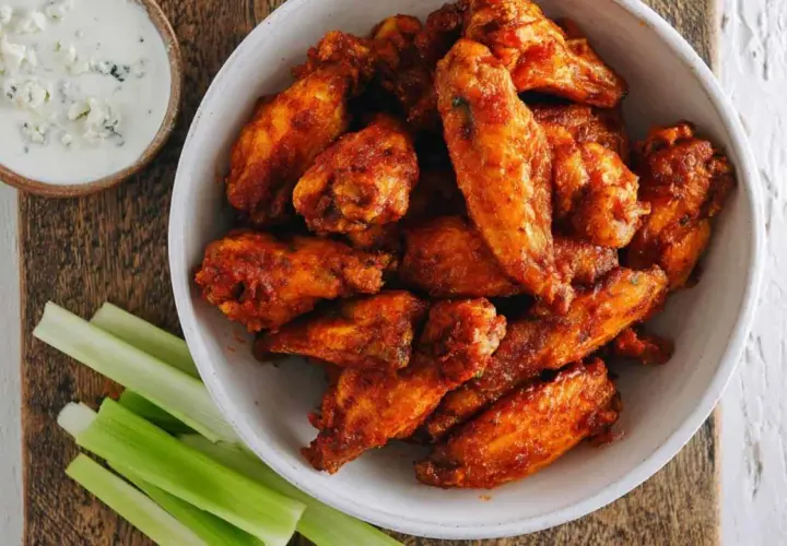 Chrupiące skrzydełka z airfryer w misce, obok sosu blue cheese i łodyg selera. Idealna przekąska!
