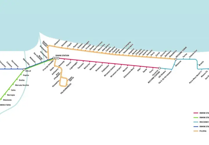 Mappa delle fermate del treno e filovie a Rimini e Riccione, con linee che collegano le stazioni e le località balneari.