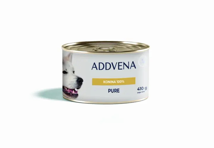 Puszka karmy dla psa Addvena Pure z koniną 100%. Na etykiecie widoczny pysk białego psa.