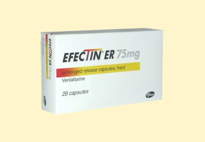Opakowanie leku Efectin ER 75mg, zawierające 28 kapsułek o przedłużonym uwalnianiu z wenlafaksyną.