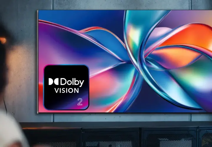 Osoba ogląda telewizor z logo Dolby Vision, wyświetlający abstrakcyjny, kolorowy obraz.