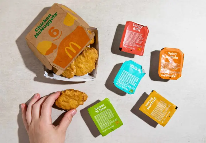 Nuggetsy McDonald kcal. Zestaw 6 McNuggetsów z sosami: Tangy BBQ, Spicy Buffalo, Ranch, Sweet 'N Sour i Honey Mustard.
