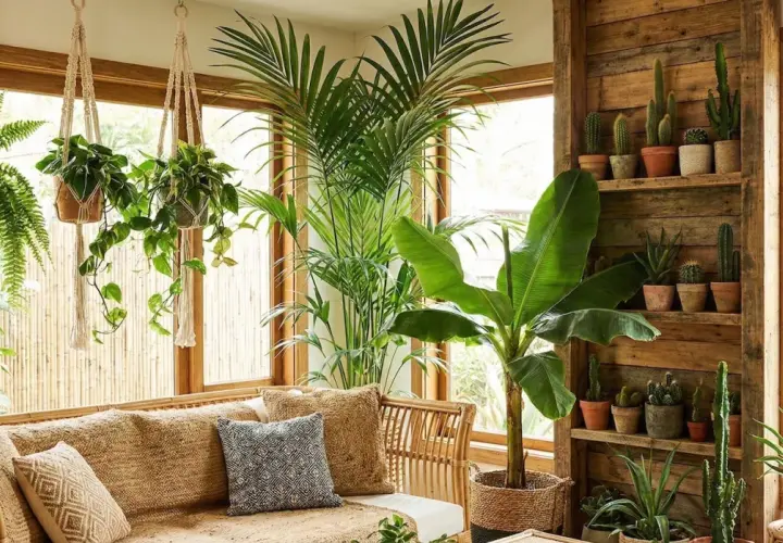 Un salon baigné de lumière, où les **motifs végétaux** des plantes luxuriantes créent une atmosphère tropicale apaisante. Canapé en rotin, coussins texturés.