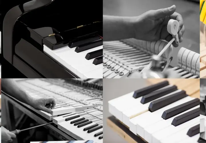 Detale budowy pianina: klawisze, młoteczki, mechanizm. Precyzja wykonania instrumentu.