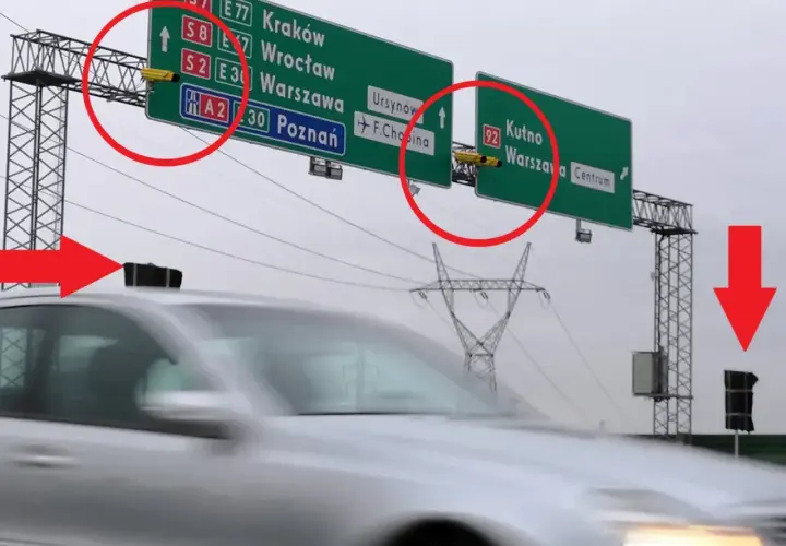 Znaki drogowe z lokalizacjami miast i zamontowane na nich żółte urządzenia pomiarowe.