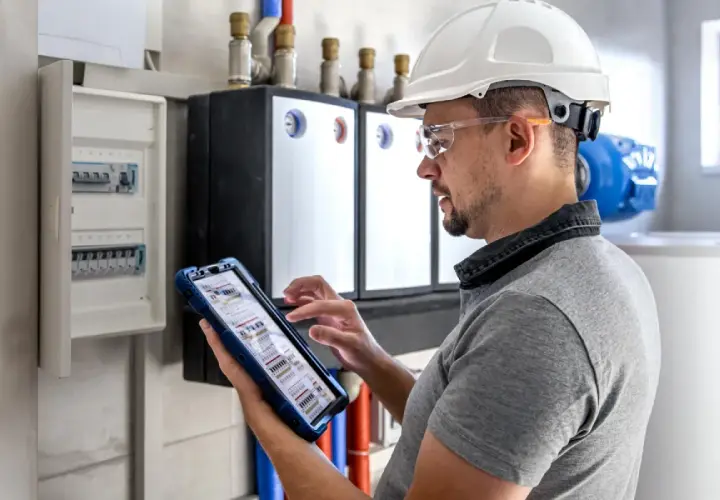 Elektryk w kasku i okularach ochronnych dokonuje przeglądu instalacji elektrycznej, korzystając z tabletu.