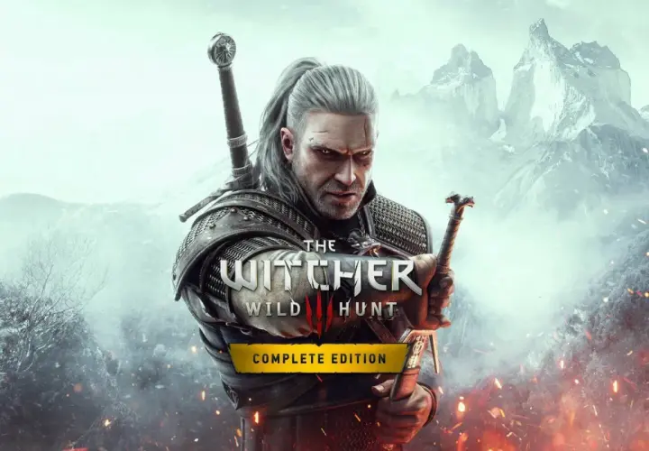 Geralt z Rivii, wiedźmin, z mieczami w dłoniach, na tle gór i płomieni. Jego spojrzenie zdaje się opowiadać smutną historię braci Grossbart.