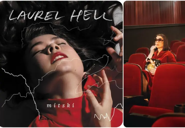 Okładka albumu "Laurel Hell" Mitski i artystka w kinie z popcornem.
