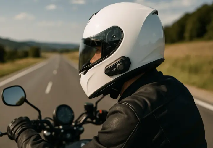 Motociclista con casco blanco y un intercomunicador moto legal, disfrutando de un viaje por carretera en un día soleado.