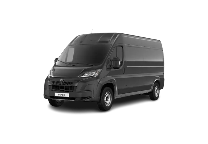 Szary Peugeot Boxer na czarnym tle. Sprawdź prawidłowe ciśnienie w oponach dla swojego Boxera, aby zapewnić bezpieczeństwo i komfort jazdy.