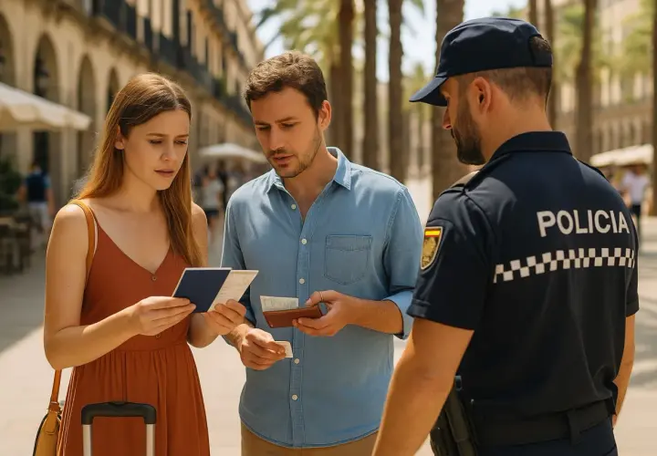 Para turystów pokazuje dokumenty policjantowi, zastanawiając się, czy w Hiszpanii jest bezpiecznie.
