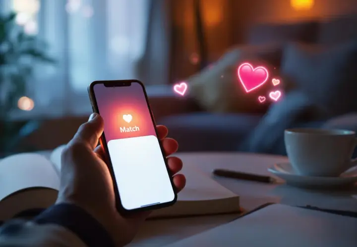 Dłoń trzyma smartfon z ekranem aplikacji randkowej, na którym widać napis "Match" i unoszące się serduszka. To idealny czas na tinder godziny szczytu.