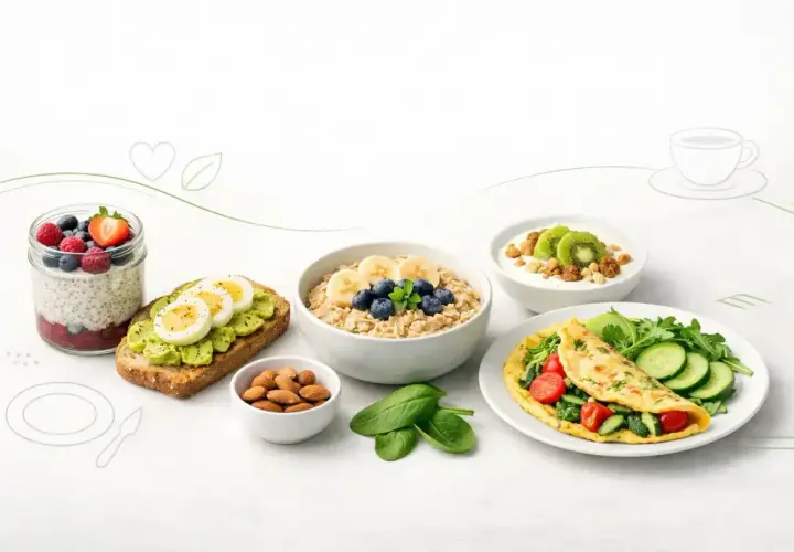 Pyszny pomysł na śniadanie: owsianka z owocami, jajka na awokado, omlet i jogurt z kiwi.