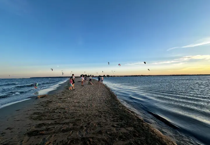 Ludzie spacerują po piaszczystym cyplu Rewskim, gdzie można podziwiać kitesurferów. Jak dojechać? To proste, wystarczy kierować się nad morze.