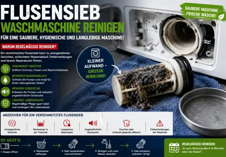 Ein stark verschmutztes Flusensieb einer Waschmaschine, voller Fusseln und Haaren. Regelmäßige Reinigung ist wichtig!