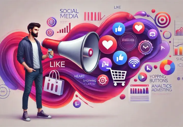 Mężczyzna z megafonem i ikonami social media. Wizualizacja działań promocyjnych, przykładów kampanii i analiz.