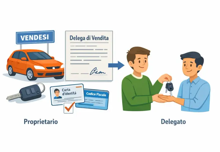 Un proprietario firma una delega per acquisto auto, consegnando chiavi e documenti a un delegato.