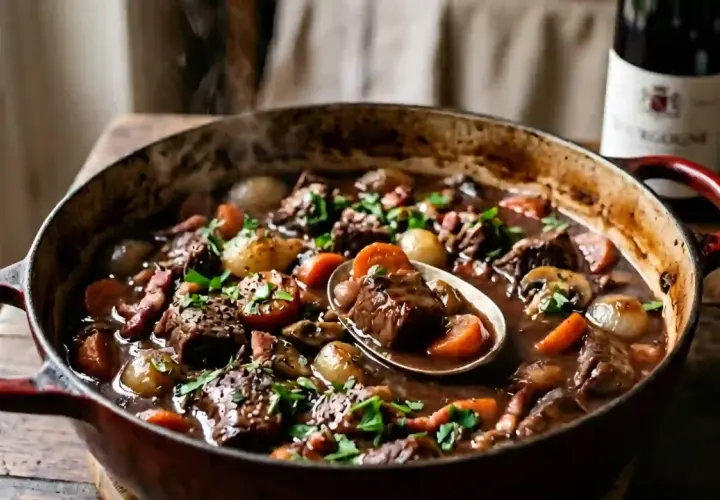 Un plat fumant de boeuf bourguignon, un délice pour les papilles et les pupilles, mijote dans une cocotte.