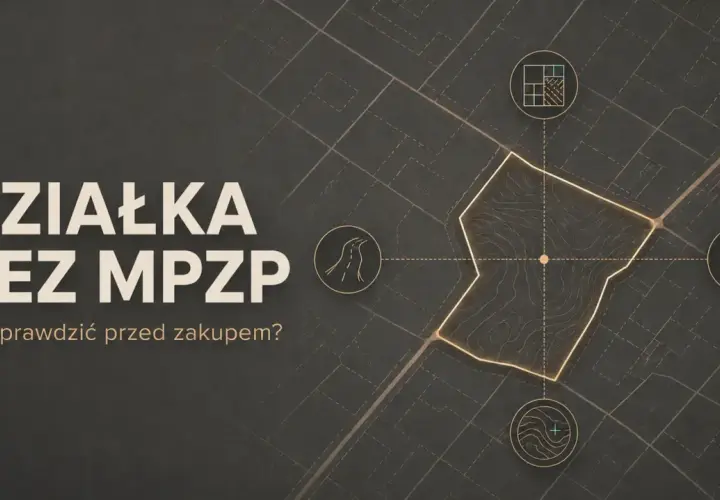Działka bez MPZP: sprawdź co musisz wiedzieć przed zakupem. Mapa z ikonami drogi, mediów i zabudowy.