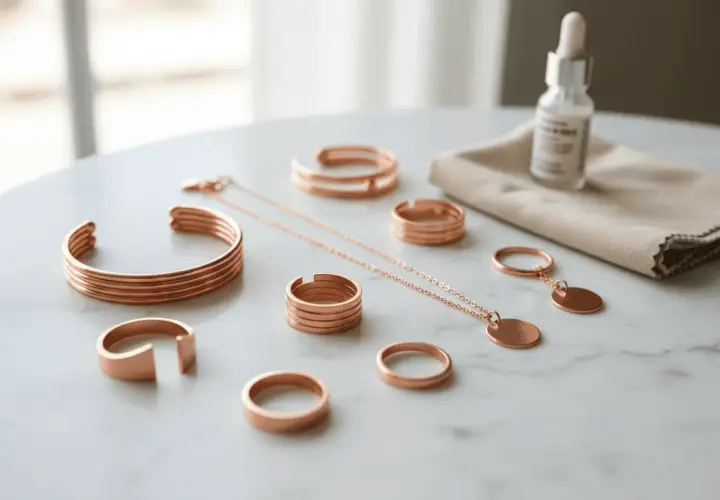 Joyas de cobre con estilo cowboy: pulseras, anillos y un collar con colgante, junto a un frasco y paño de limpieza.