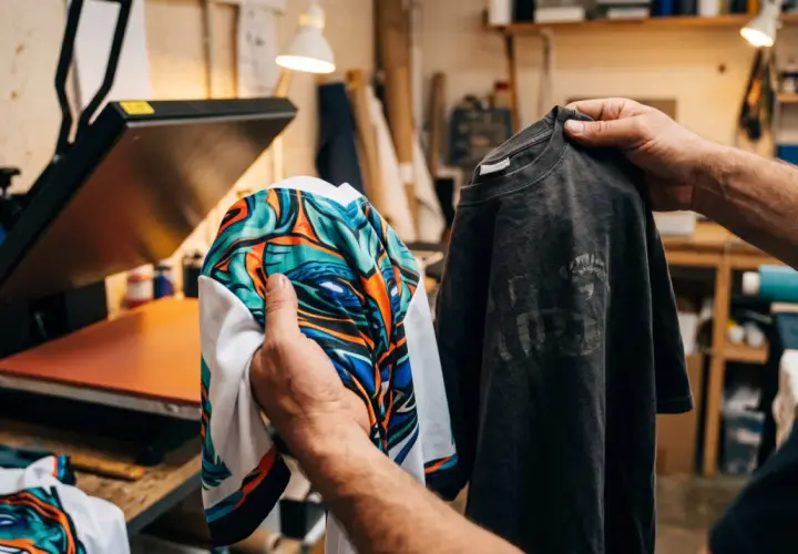 Un t-shirt avec un motif all over coloré est comparé à un t-shirt gris usé, prêt pour l'impression.
