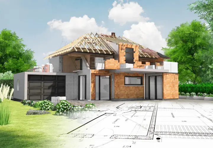 Dom w budowie z widokiem na plany architektoniczne i otaczającą zielenią.