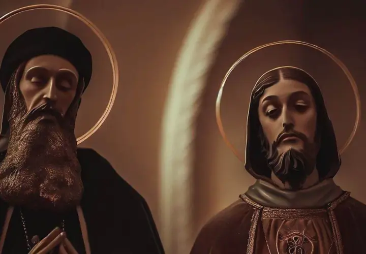 Dos figuras santas con halos dorados, una con barba larga y túnica negra, la otra con túnica marrón. Se celebra cuando es San Sergio.