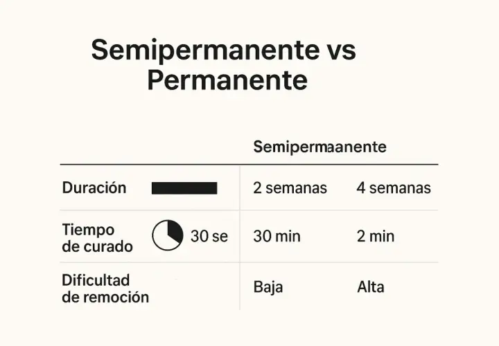 Tabla comparativa de duración, tiempo de curado y dificultad de remoción para coloración semipermanente y permanente.