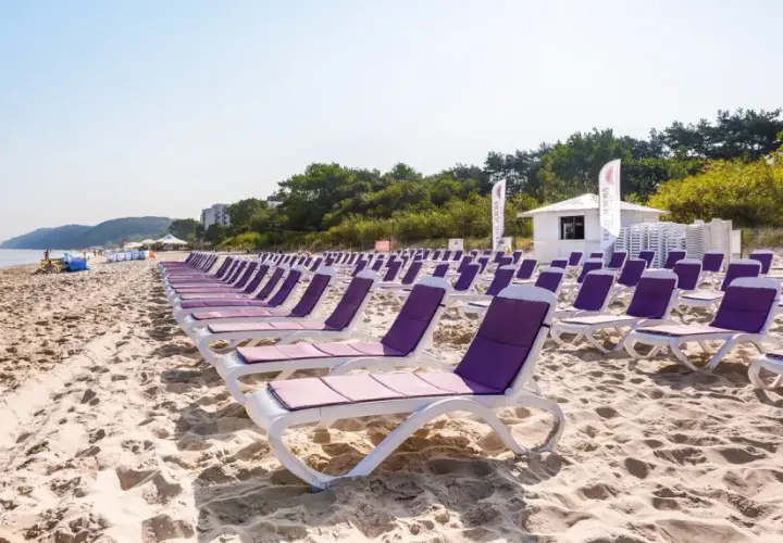 Rzędy leżaków na piaszczystej plaży, idealne na tygodniowe wczasy nad morzem z wyżywieniem. W tle morze i zieleń.