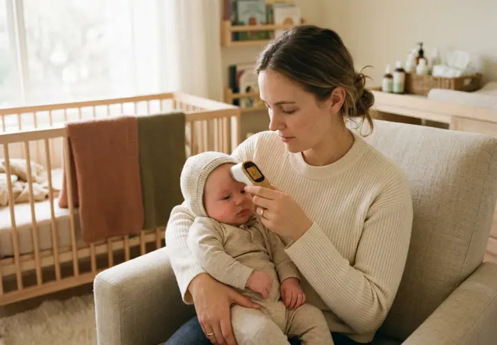 Mamma kollar temperaturen på sitt varma bebis utan feber med en termometer.